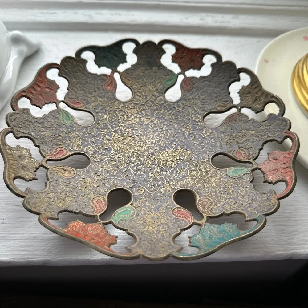 Vintage 1950's Brass Enameled Openwork Bowl Plant Stand From India